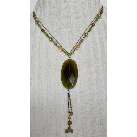Lia Sophia Green Faceted Glass Pendant and Resin and Glass Bead Necklace 17" - Picture 1 of 5